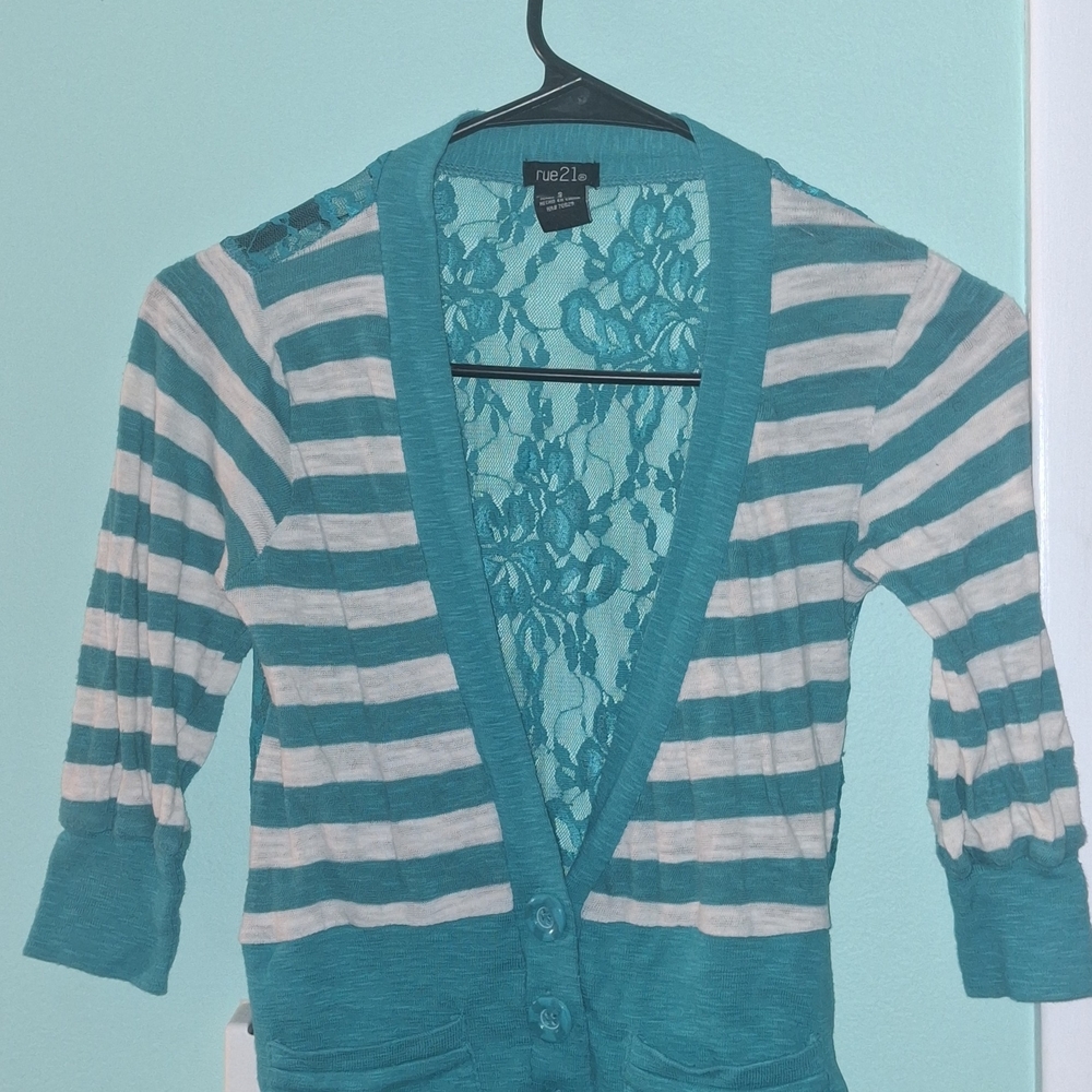 Rue21 Teal and White Striped Women's Sweater